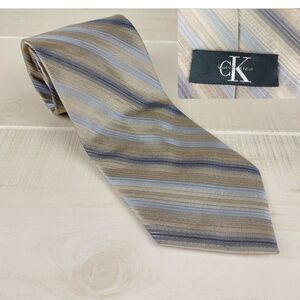 Calvin Klein 100% Silk Necktie Blue Tan Gray Striped 59 1/4" x 3 3/4"